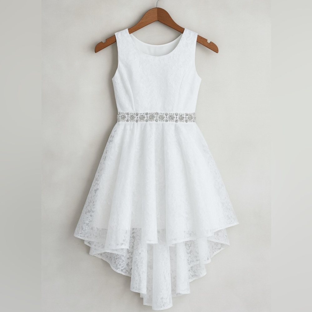 Joy Kids USA‎ White Floral Lace Rhinestone Beaded High Low Dress Baptism Wedding